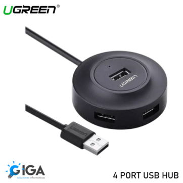 HUB USB 2.0 UGREEN de 4 puertos, color negro, diseño circular con el logo de UGREEN en la parte superior y conectado a un cable USB. Presentado por GIGA soluciones informáticas.
