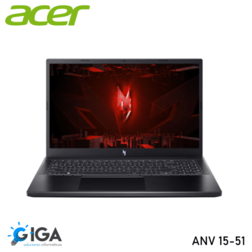 "Imagen de una Acer Nitro V 15 ANV15-51-56JG mostrando su pantalla en un fondo rojo y negro con logotipos de Acer y GIGA soluciones informáticas."