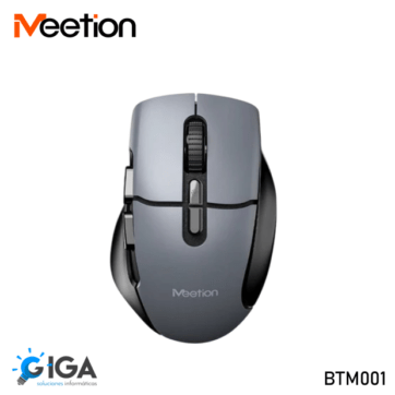 Imagen del producto MOUSE MEETION BTM001 BLUETOOTH INALÁMBRICO. La imagen muestra un mouse de la marca Meetion, modelo BTM001, que es un dispositivo inalámbrico con conectividad Bluetooth. El mouse tiene un diseño ergonómico en color gris con detalles en negro, incluyendo una rueda de desplazamiento y varios botones adicionales en el lateral izquierdo. En la parte inferior izquierda de la imagen, se encuentra el logo de GIGA soluciones informáticas.
