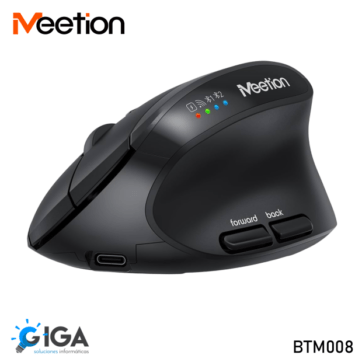 La imagen muestra un mouse ergonómico de la marca Meetion, modelo BTM008, con conectividad Bluetooth. El mouse es de color negro y tiene un diseño vertical que favorece una postura más natural de la mano. En la parte superior del mouse, se observan cuatro luces indicadoras de diferentes colores (azul, verde, rojo y amarillo) y varios iconos que probablemente indican el estado de la conexión y la batería. En el lateral del mouse, hay dos botones etiquetados como 'forward' y 'back'. En la parte inferior izquierda, se encuentra el logotipo de GIGA soluciones informáticas.