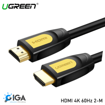 "La imagen muestra un cable HDMI de la marca UGREEN. El cable es de 2 metros de longitud y soporta una resolución de 4K a 60 Hz. Los conectores del cable son de color dorado y tienen las inscripciones 'HDMI' y 'UGREEN' en ellos. Presentado por GIGA soluciones informáticas."