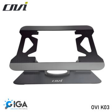 Stand para laptop plegable OVI K03, color negro, con cortes para ventilación y logotipo OVI, presentado por GIGA soluciones informáticas.