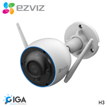"Cámara inteligente EZVIZ H3 con resolución 3K con resolución 3K, visión nocturna en color, detección de personas y vehículos, y defensa activa. Compatible con GIGA Soluciones Informáticas.