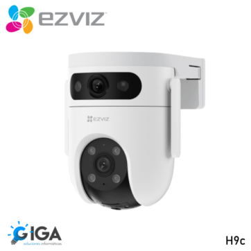 "Imagen de la Smart Cámara H9C EZVIZ cámara de seguridad inteligente para el hogar. La cámara es blanca con un diseño moderno y elegante, presenta múltiples lentes y sensores. El logotipo de EZVIZ es visible en la cámara, y la imagen también incluye el logotipo de GIGA con el texto 'soluciones informáticas' y el nombre del modelo 'H9c' en la esquina inferior derecha. Diseñada para la seguridad del hogar, ofrece una resolución de 2K."