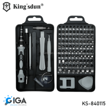 "El kit de destornilladores Kingsdun KS-840115 de 117 piezas incluye una variedad de herramientas y puntas de destornillador organizadas en un estuche negro. A la izquierda del estuche, se encuentran herramientas como un destornillador de mango ergonómico, pinzas, una ventosa, una herramienta de apertura de plástico, y una herramienta de palanca. A la derecha, se encuentran múltiples puntas de destornillador de diferentes tipos y tamaños, organizadas en filas y columnas. En la parte inferior derecha del estuche, hay una herramienta de succión y una herramienta de apertura adicional. El código del producto KS-840115 se encuentra en la parte inferior derecha de la imagen.