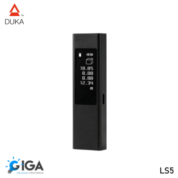 "Medidor de distancia láser LS5 de la marca DUKA. El dispositivo es de color negro y cuenta con una pantalla OLED que muestra varias mediciones en metros. Se visualizan lecturas como 10.85 m, 8.80 m y 12.34 m. El medidor tiene iconos de estado de la batería y modo de medición.