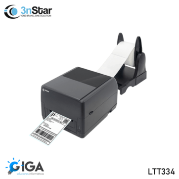 "Imagen de la impresora térmica 3nStar LTT334, mostrando una etiqueta en proceso de impresión. La impresora está conectada a un dispensador de etiquetas y destaca por su conectividad USB y Ethernet."