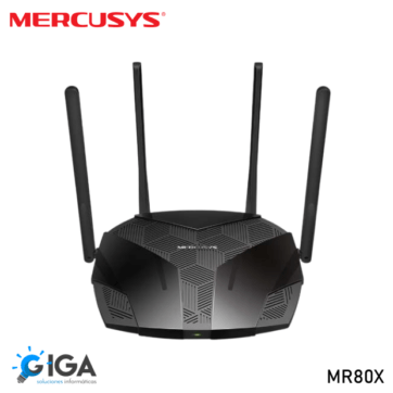 Imagen del Router Mercusys MR80X AX3000 Doble Banda. El router tiene un diseño moderno con cuatro antenas y un acabado negro con patrones geométricos. En la parte superior izquierda se encuentra el logotipo de Mercusys en color rojo."
