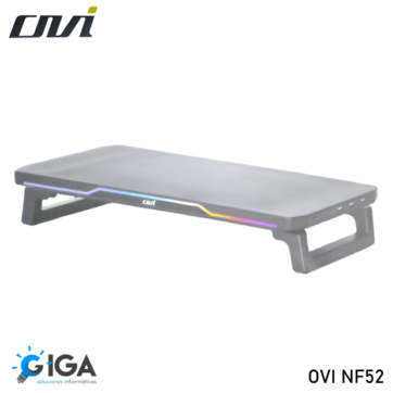 Stand para monitor OVI NF52 con iluminación RGB. El soporte es de color negro y tiene un diseño moderno con luces LED RGB en la parte frontal. Presentado por GIGA soluciones informáticas.