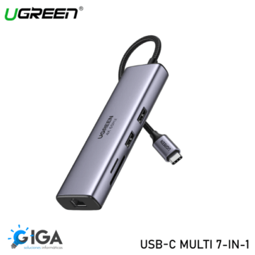 Adaptador UGREEN multifunción USB-C 7 en 1, con capacidad de salida 4K a 60Hz, múltiples puertos incluyendo HDMI, USB, y ranuras para tarjetas SD y microSD. Presentado por GIGA soluciones informáticas.