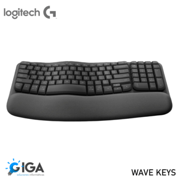 Imagen de un teclado ergonómico inalámbrico Logitech Wave Keys. El teclado tiene un diseño ondulado que sigue la forma natural de las manos y los dedos, proporcionando una experiencia de escritura más cómoda. Incluye un reposamuñecas acolchado para mayor comodidad durante el uso prolongado. En la parte superior izquierda de la imagen se encuentra el logotipo de Logitech, presentado por GIGA soluciones informáticas.